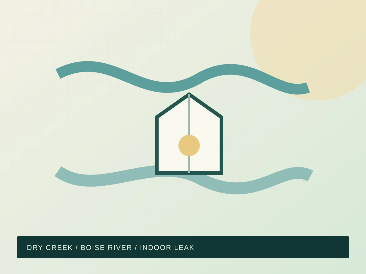 Diagram of two waterways and a house illustrating that flood risk differs from an indoor leak; not an Eagle property