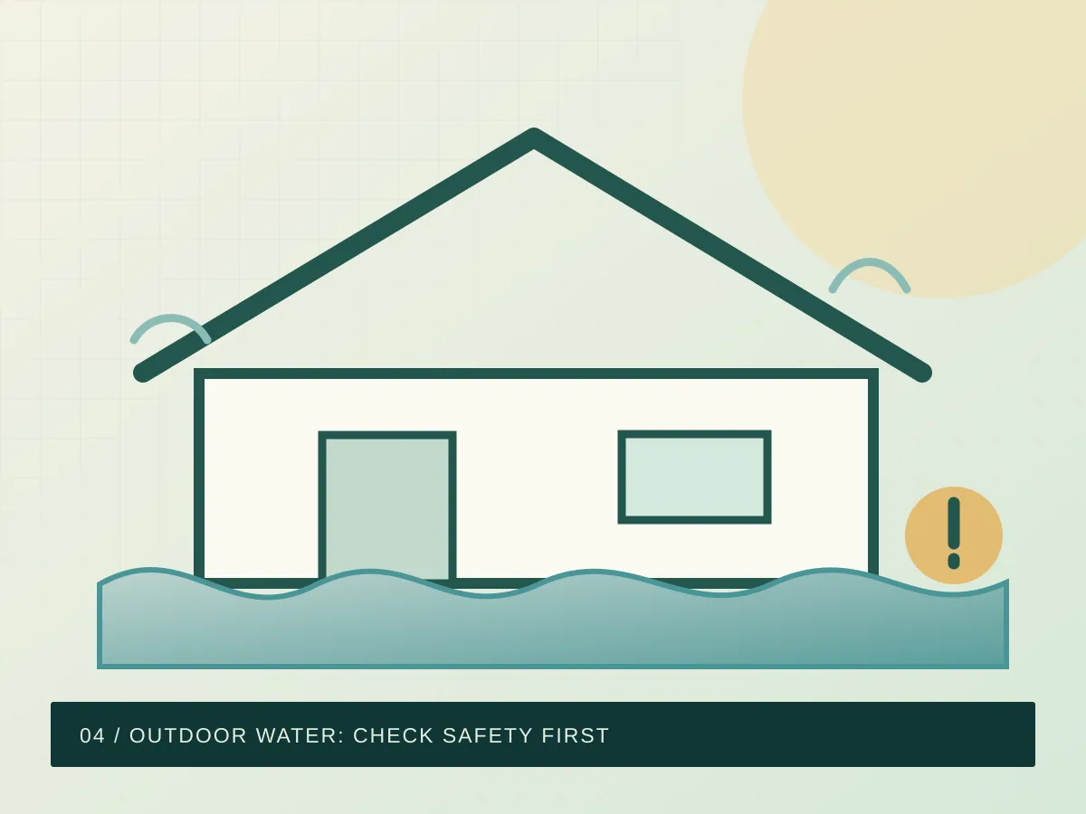 Illustration of outdoor water approaching a house, with a safety-first boundary