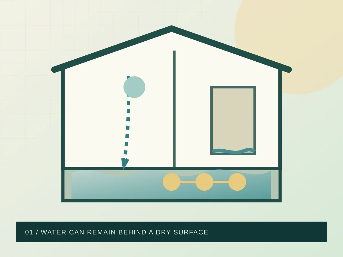Illustration of water moving through a home floor and wall, showing why hidden moisture matters