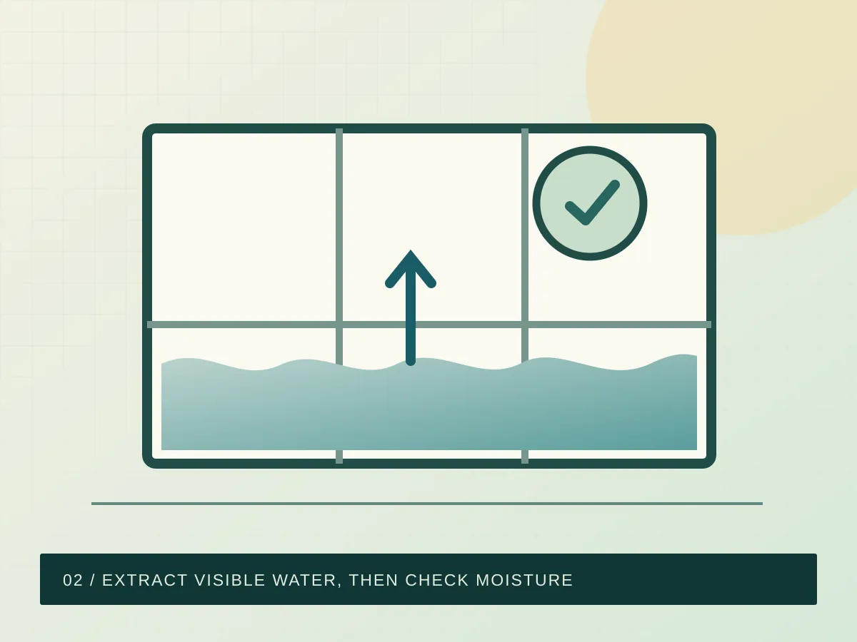 Illustrated floor plan showing standing water extraction followed by moisture checking